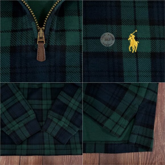NWT Polo Ralph Lauren Estate Rib Mens 3XLT 1/4 Zip Green Tartan Plaid Sweater - Picture 7 of 15